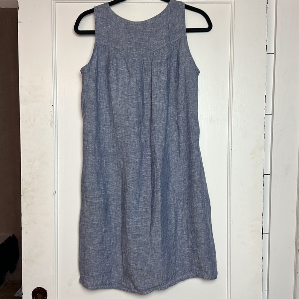 Kenar 100% Linen Shift Dress | Petite Blue Chambray Pockets Coastal Minimalist - Picture 3 of 12